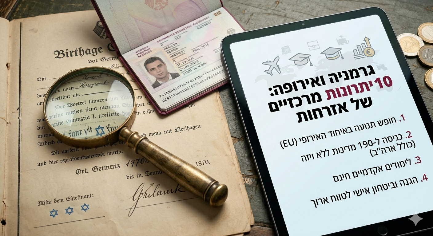 רוצים לדעת למה הדרכון הגרמני נחשב לאחד החזקים בעולם? המדריך המקיף של משרד לנקר-ירדני ליתרונות האזרחות הגרמנית לשנת 2026. גלו איך להיכנס ל-190+ מדינות ללא ויזה (כולל ארה"ב)